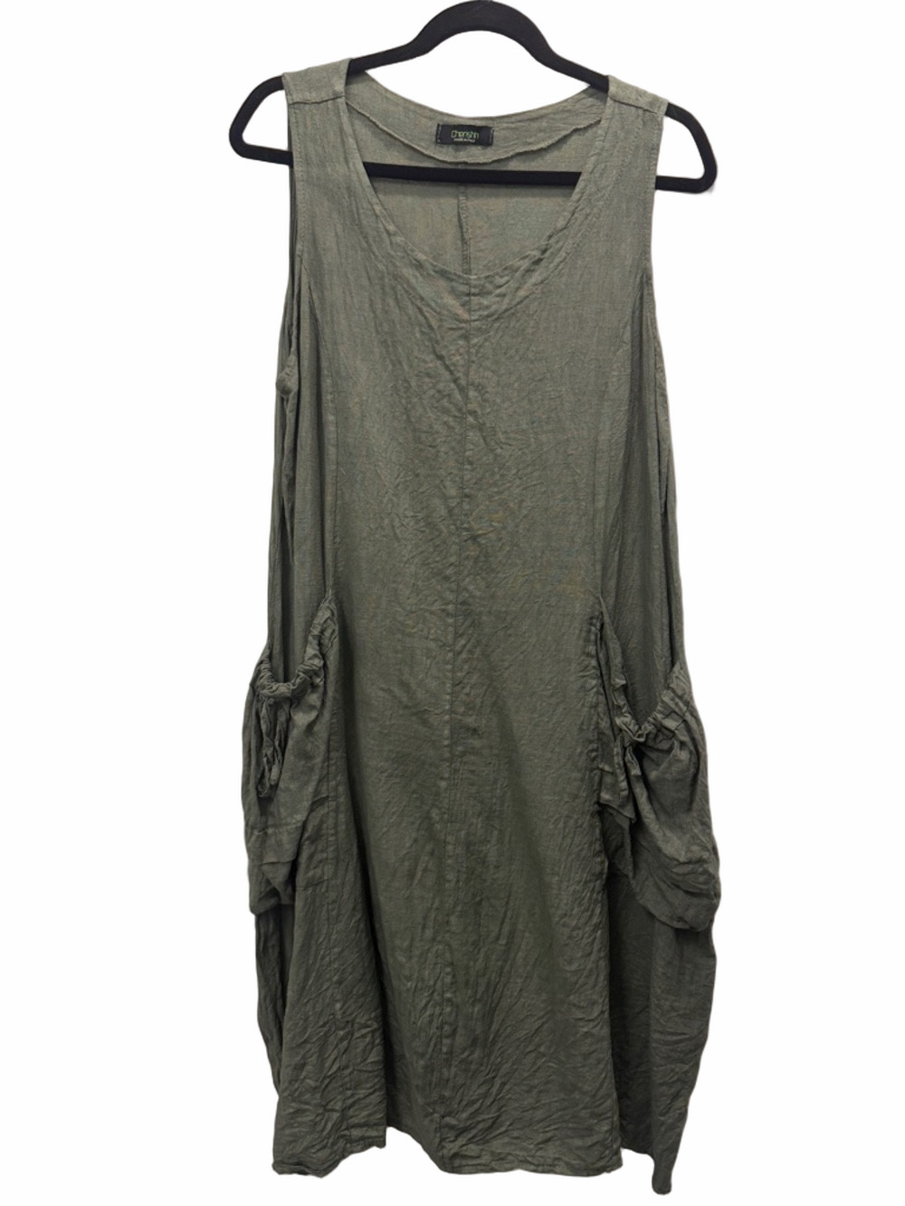Olive Green Linen Sleeveless Tunic Pocket Dress
